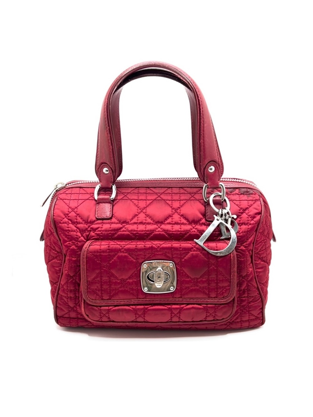 Authentic Christian DIOR Red Nylon x Leather Cannage Twist Lock Handbag W/ Charm